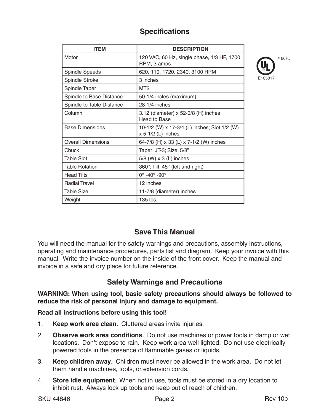 Harbor Freight Tools 44846 operating instructions Specifications, Save This Manual, Safety Warnings and Precautions 