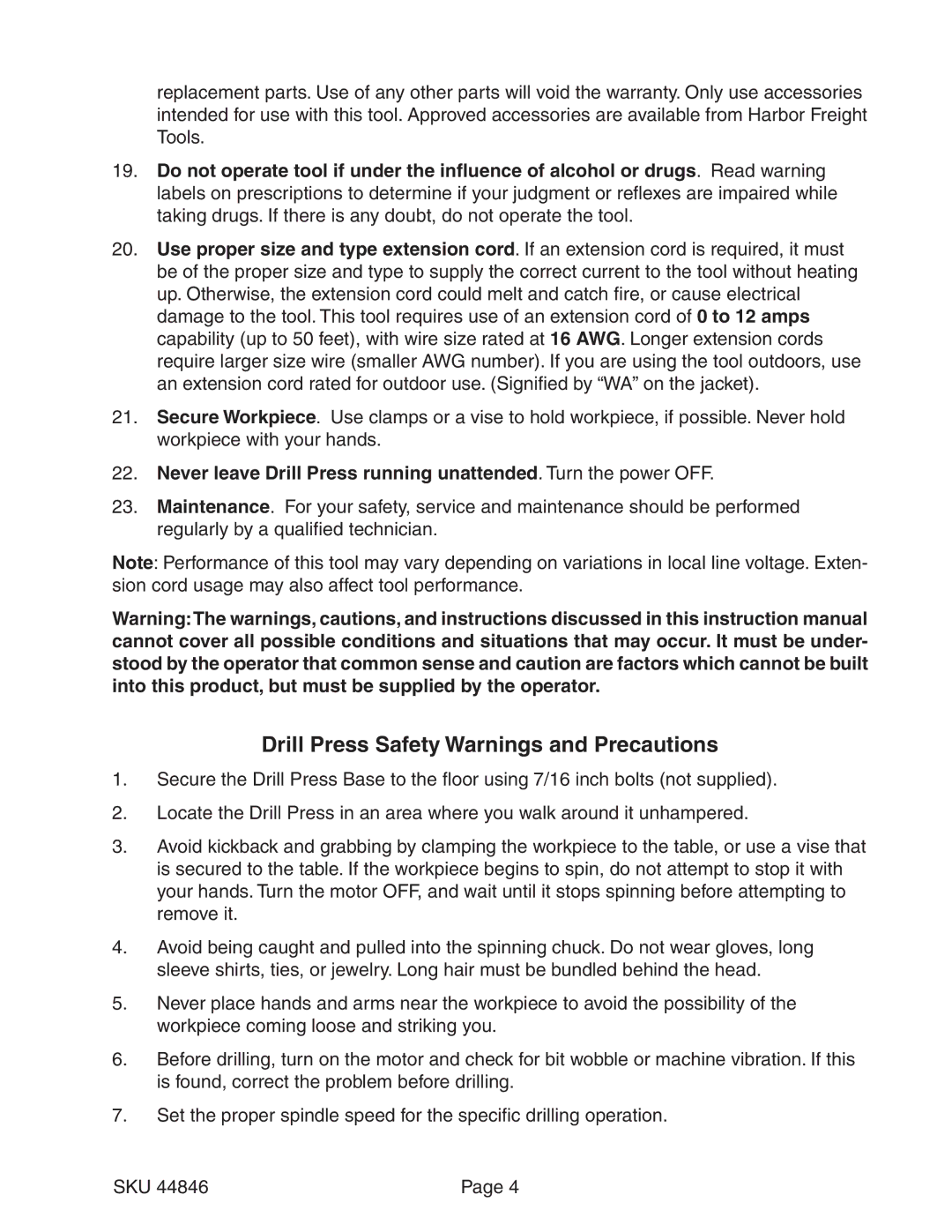 Harbor Freight Tools 44846 operating instructions Drill Press Safety Warnings and Precautions 