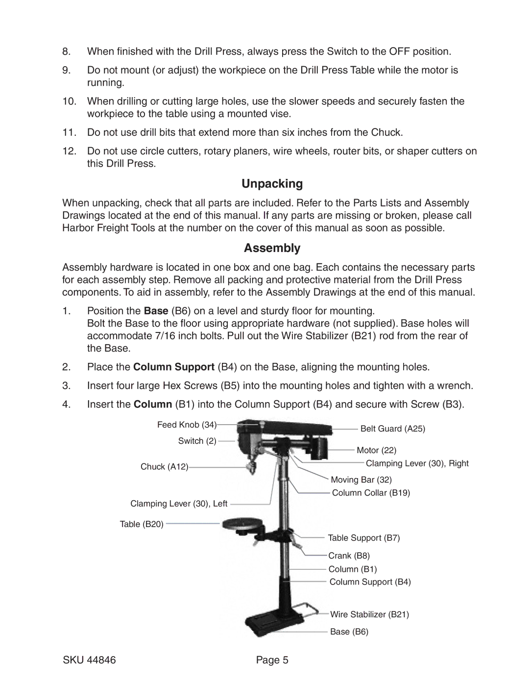 Harbor Freight Tools 44846 operating instructions Unpacking, Assembly 