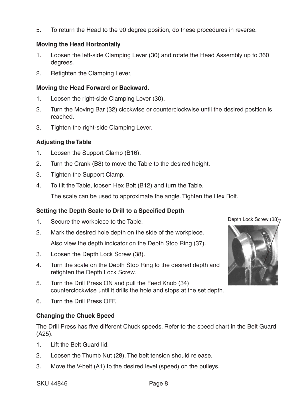 Harbor Freight Tools 44846 Moving the Head Horizontally, Moving the Head Forward or Backward, Adjusting the Table 