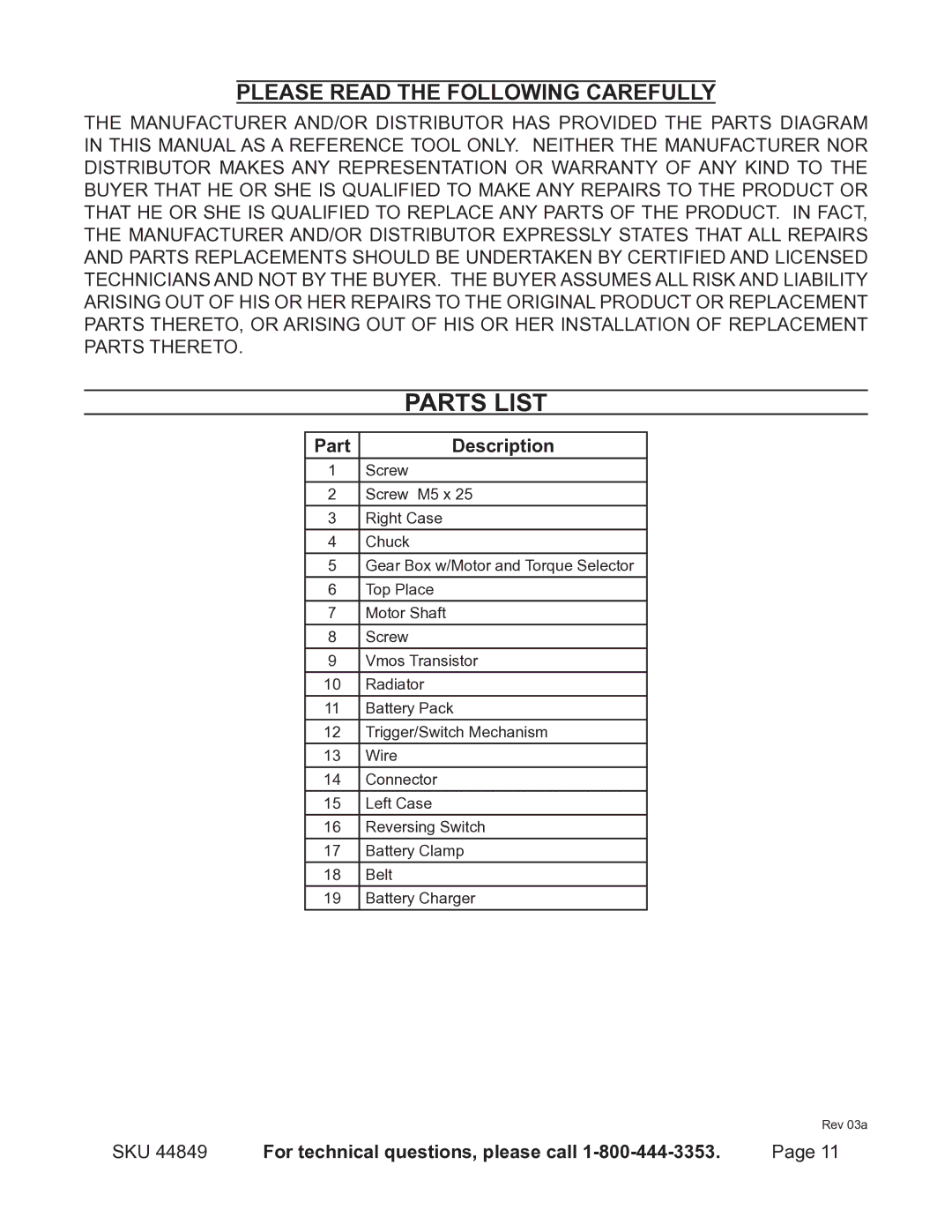 Harbor Freight Tools 44849 manual Parts List, Part Description, SKU For technical questions, please call 