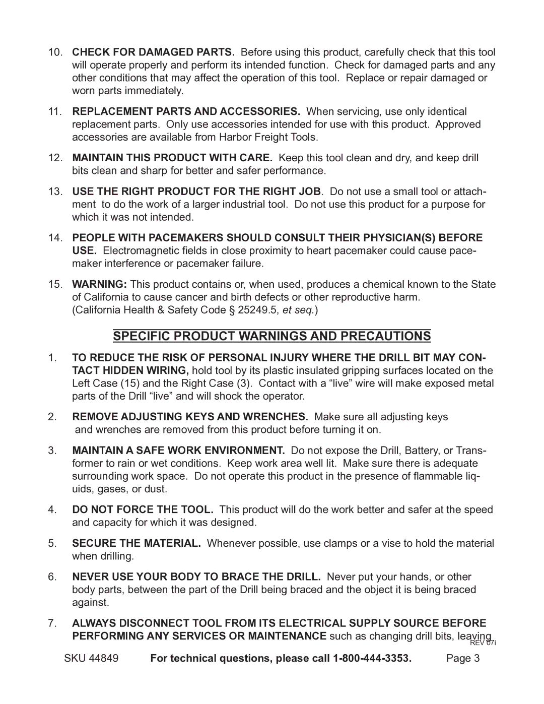 Harbor Freight Tools 44849 manual Specific Product Warnings and Precautions 