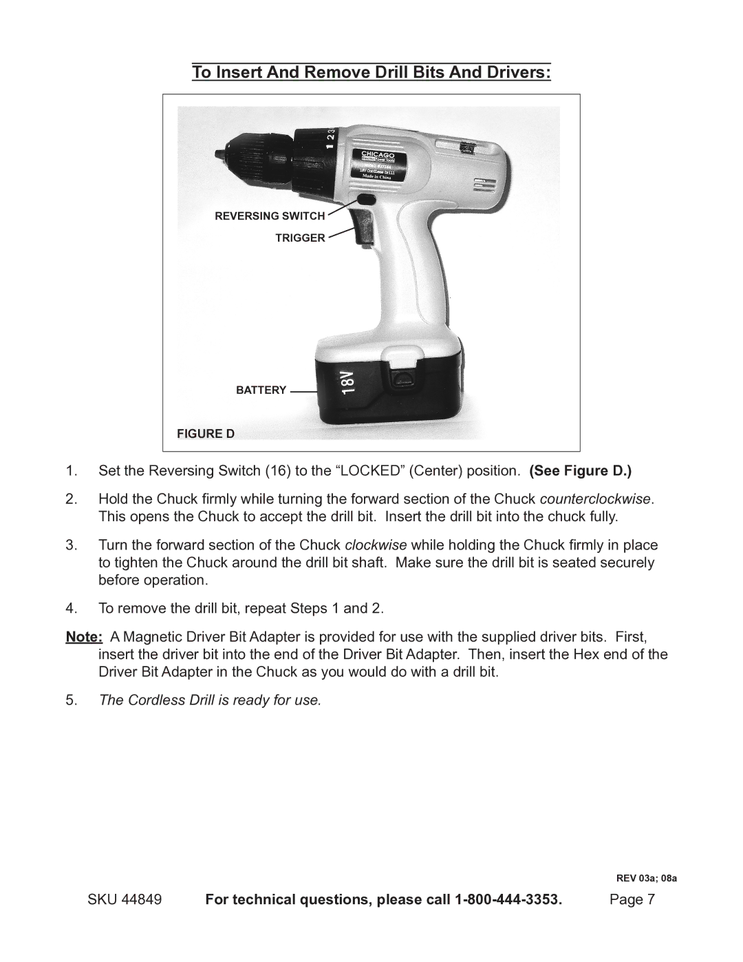 Harbor Freight Tools 44849 manual To Insert And Remove Drill Bits And Drivers, Figure D 