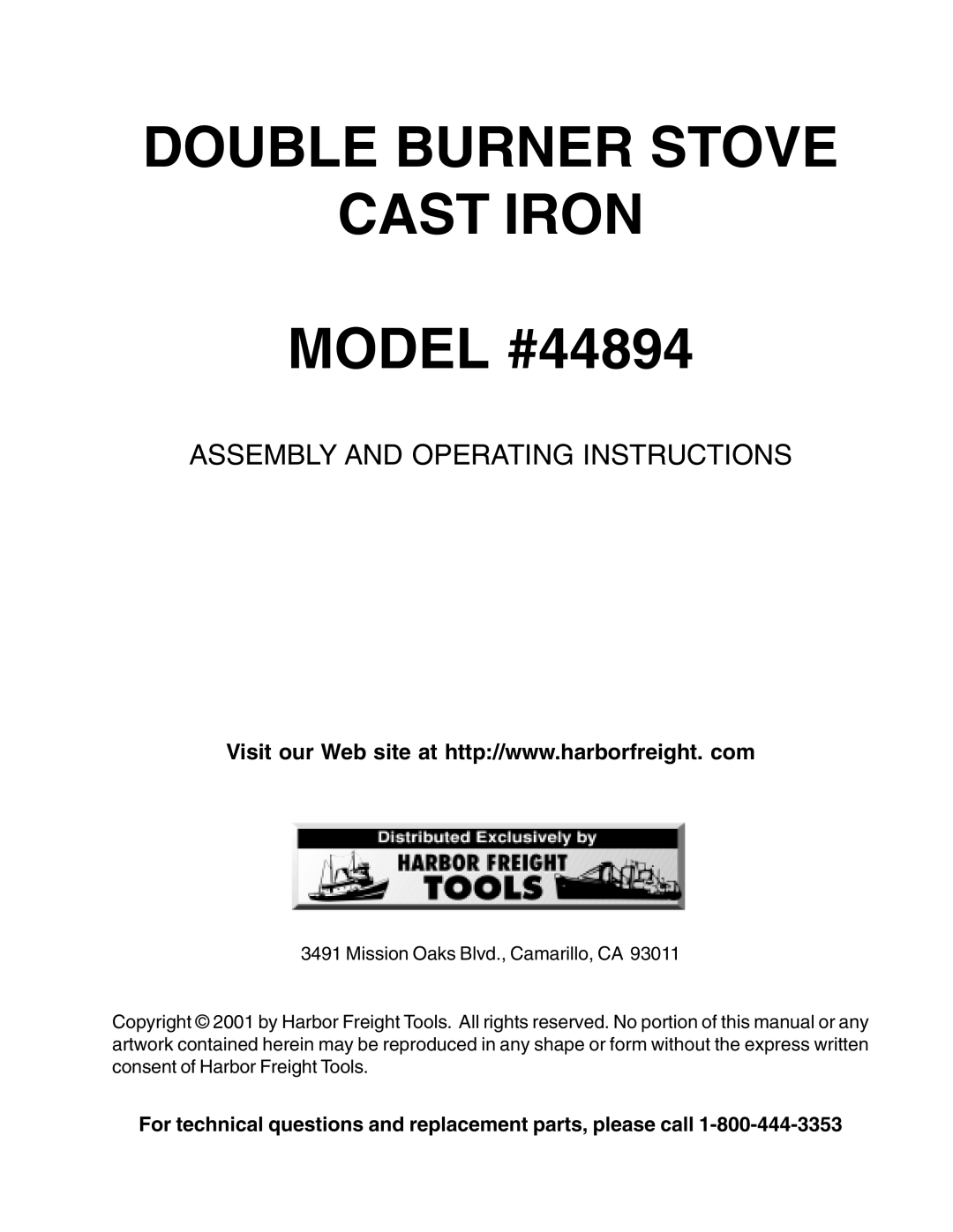 Harbor Freight Tools 44894 manual Double Burner Stove Cast Iron 