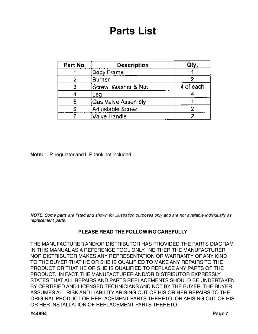 Harbor Freight Tools 44894 manual Parts List 