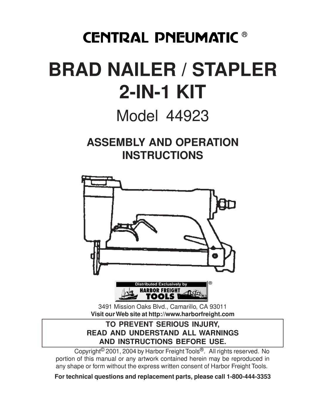 Harbor Freight Tools 44923 manual Brad Nailer / Stapler 