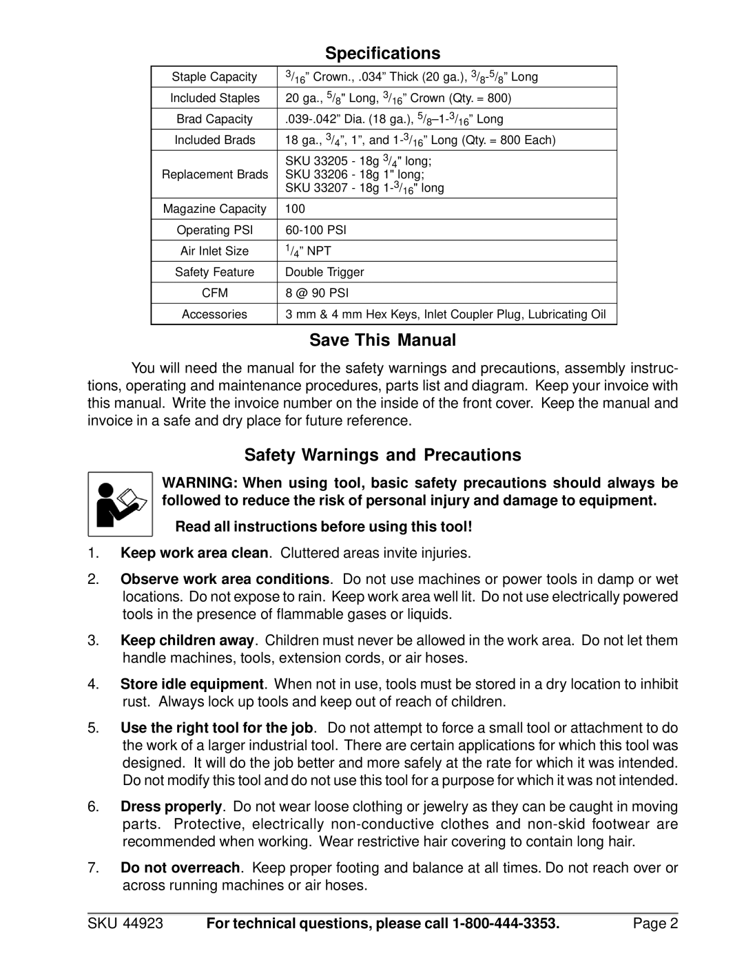 Harbor Freight Tools 44923 manual Specifications, Save This Manual, Safety Warnings and Precautions 