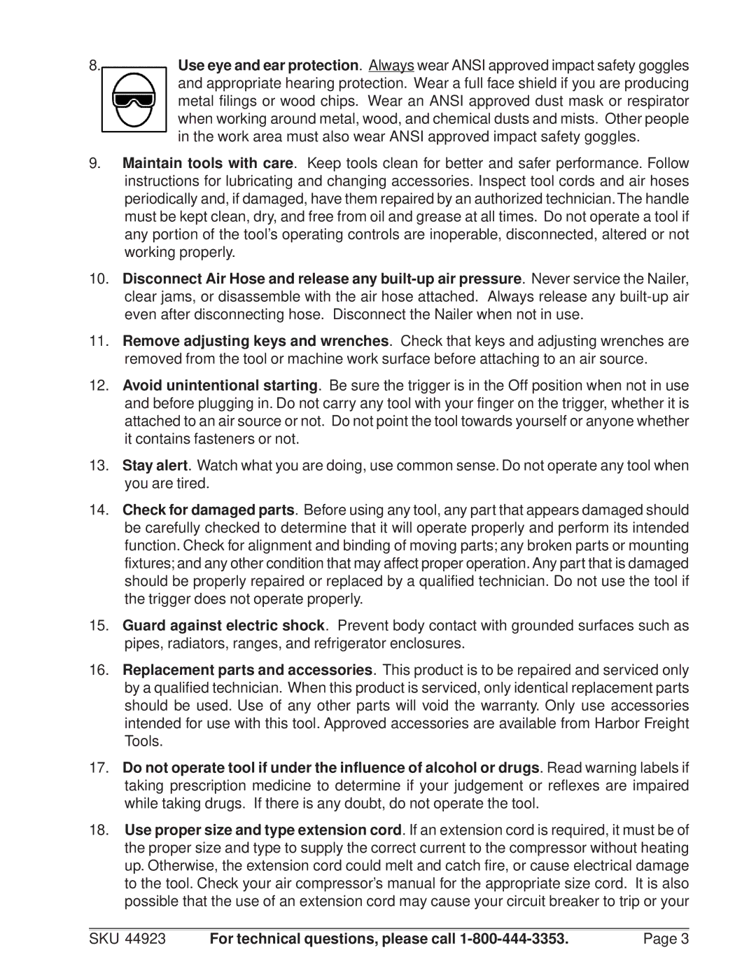 Harbor Freight Tools 44923 manual SKU For technical questions, please call 