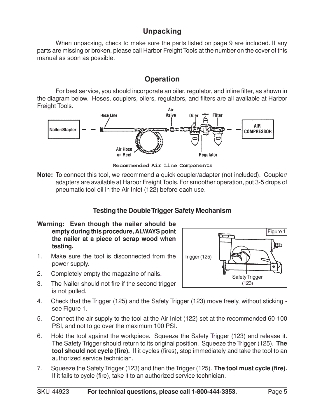 Harbor Freight Tools 44923 manual Unpacking, Operation, Testing the Double Trigger Safety Mechanism 