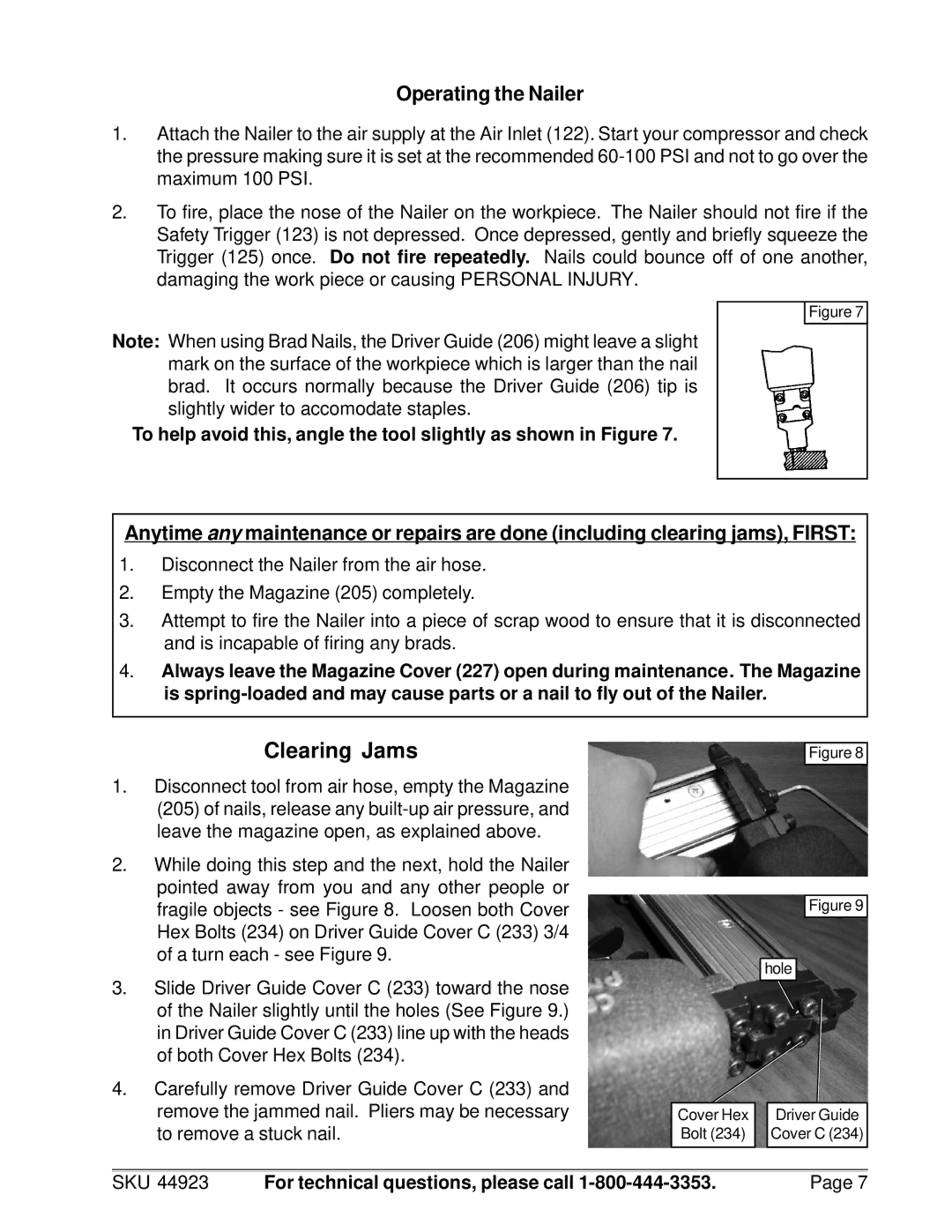 Harbor Freight Tools 44923 manual Clearing Jams, Operating the Nailer 