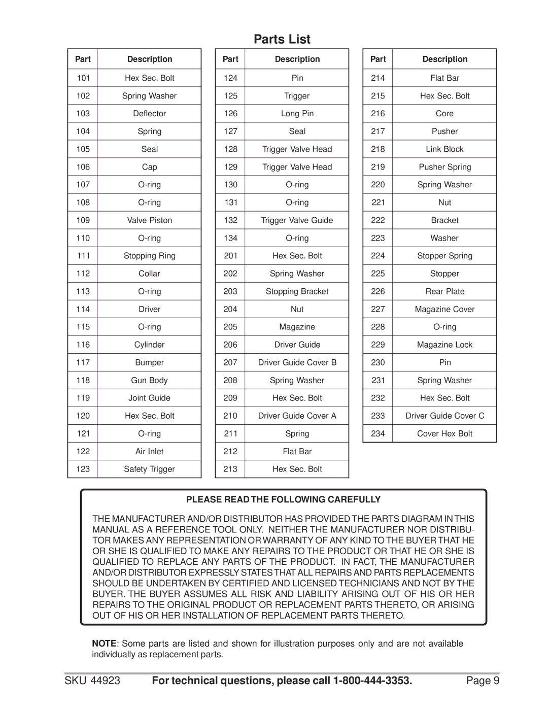 Harbor Freight Tools 44923 manual Parts List, Part Description 