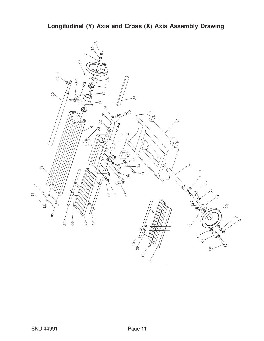 Harbor Freight Tools 44991 operating instructions Longitudinal Y Axis and Cross X Axis Assembly Drawing 