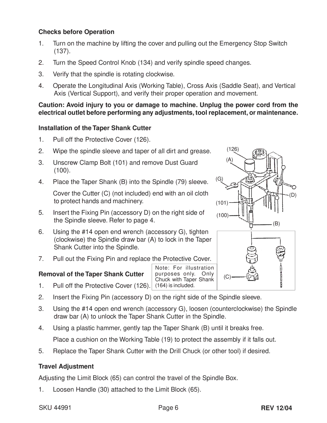 Harbor Freight Tools 44991 Checks before Operation, Installation of the Taper Shank Cutter, Travel Adjustment, REV 12/04 