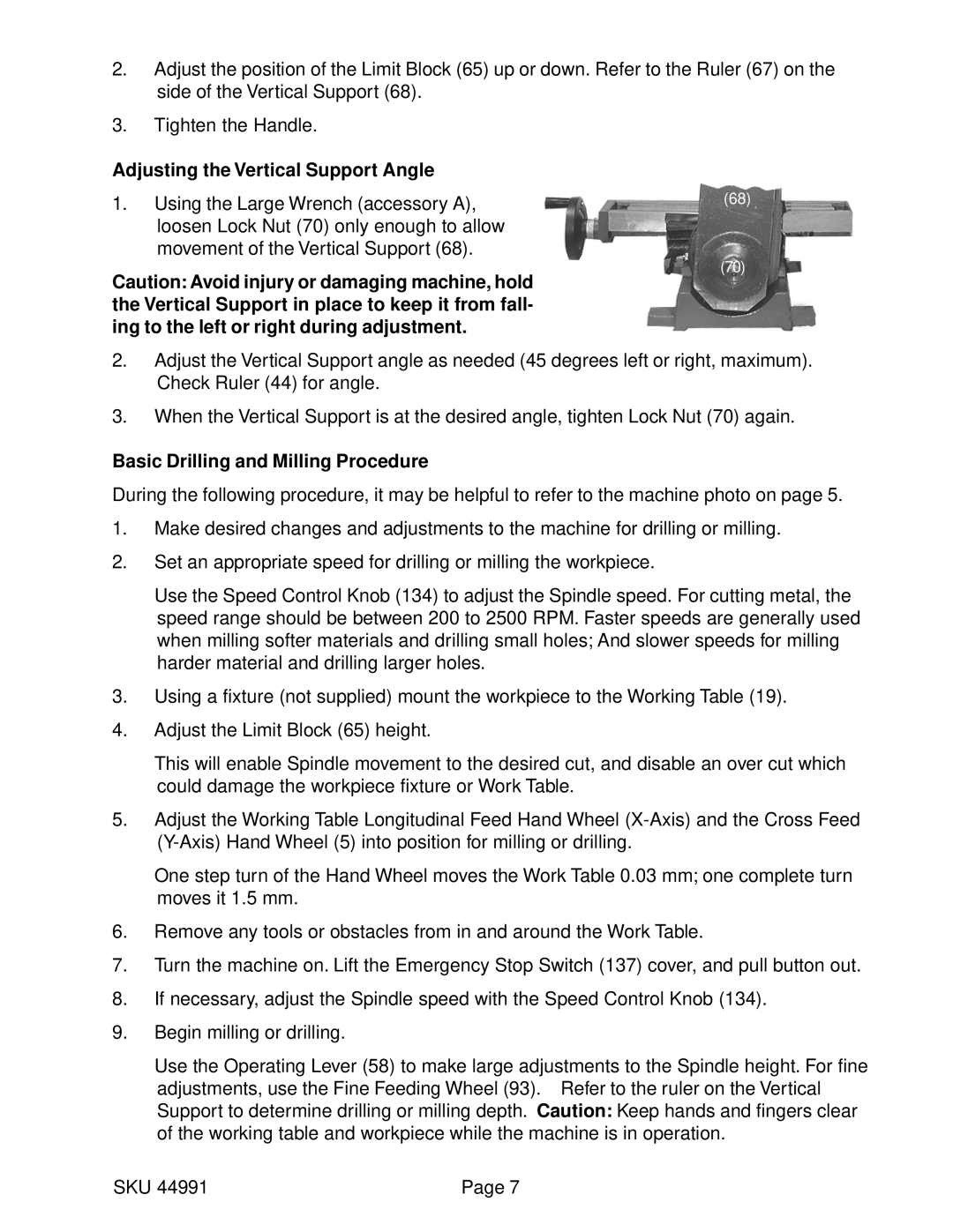 Harbor Freight Tools 44991 Adjusting the Vertical Support Angle, Basic Drilling and Milling Procedure 