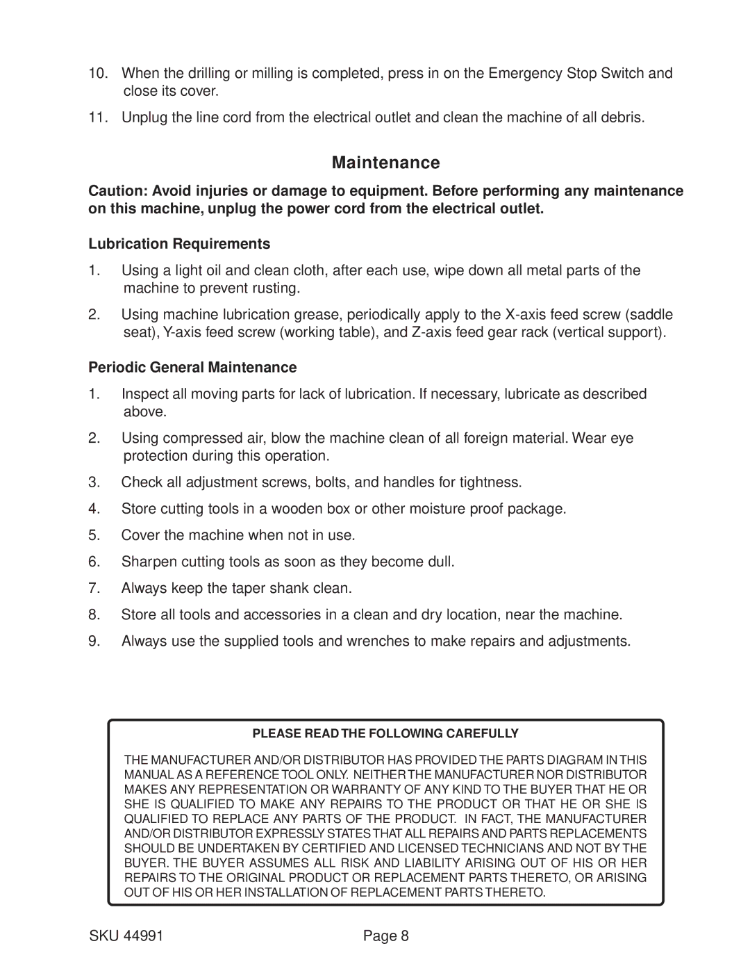 Harbor Freight Tools 44991 operating instructions Lubrication Requirements, Periodic General Maintenance 