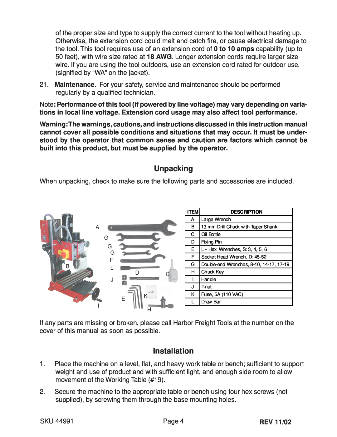 Harbor Freight Tools 44991 operating instructions Unpacking, Installation, REV 11/02 