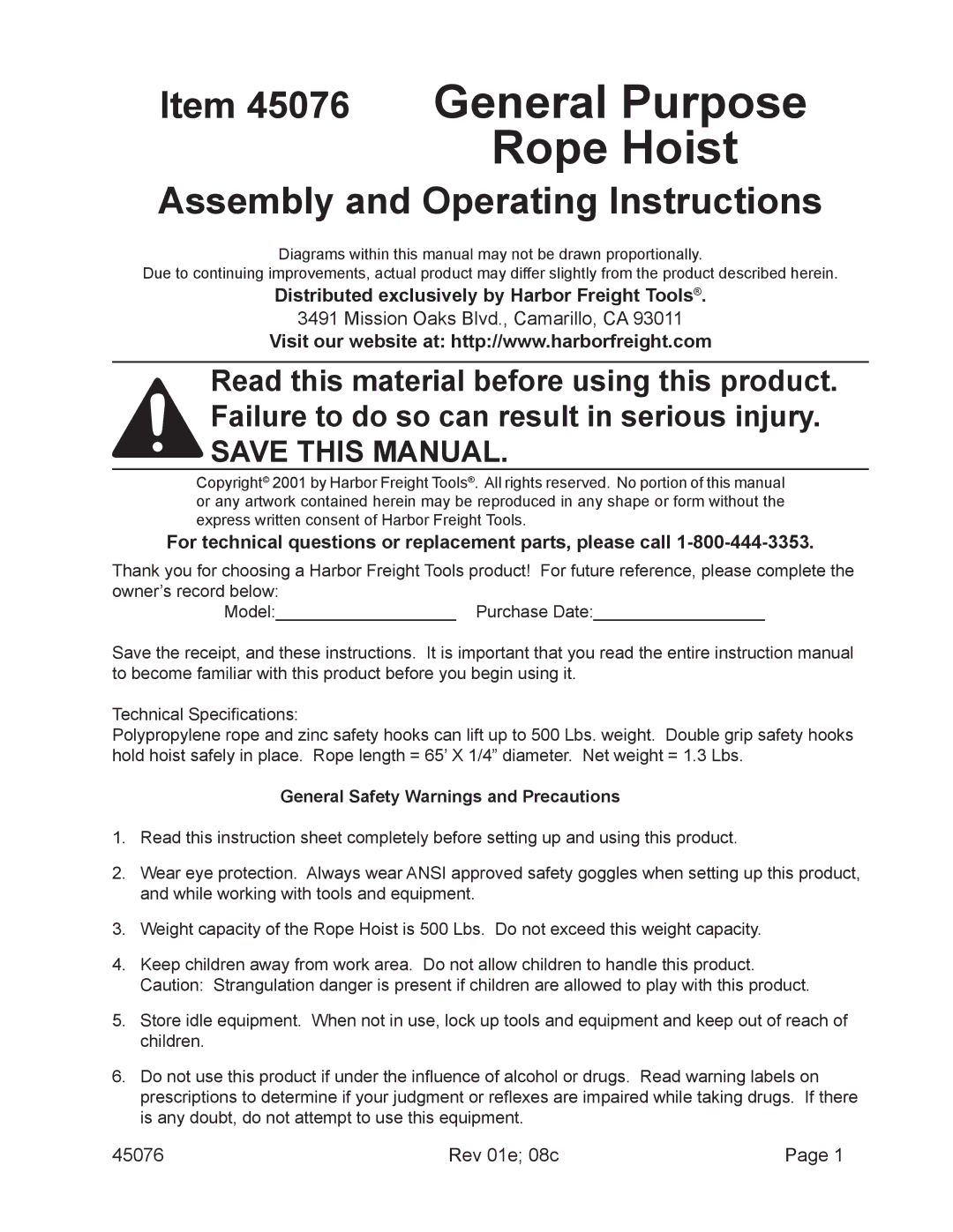 Harbor Freight Tools 45076 operating instructions Distributed exclusively by Harbor Freight Tools 