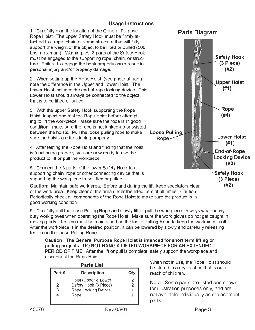 Harbor Freight Tools 45076 Usage Instructions, Piece, Upper Hoist, Rope, Loose Pulling, Lower Hoist, Locking Device 