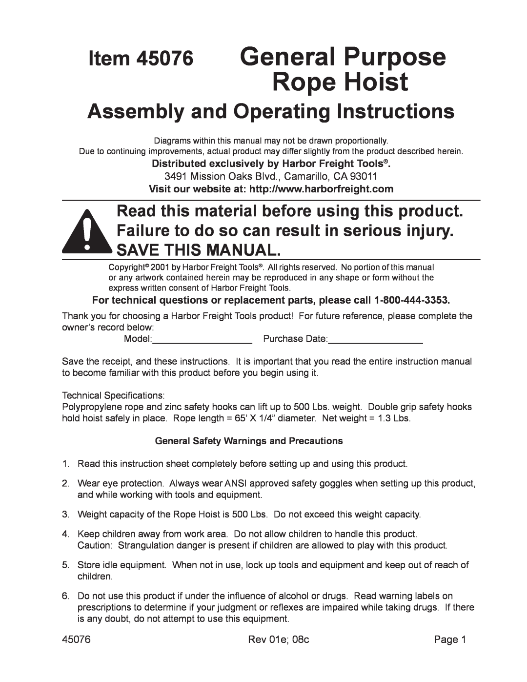 Harbor Freight Tools 45076 operating instructions Mission Oaks Blvd., Camarillo, CA, Rev 01e 08c, Page 