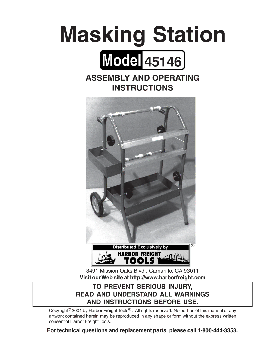 Harbor Freight Tools 45146 manual Masking Station, For technical questions and replacement parts, please call 