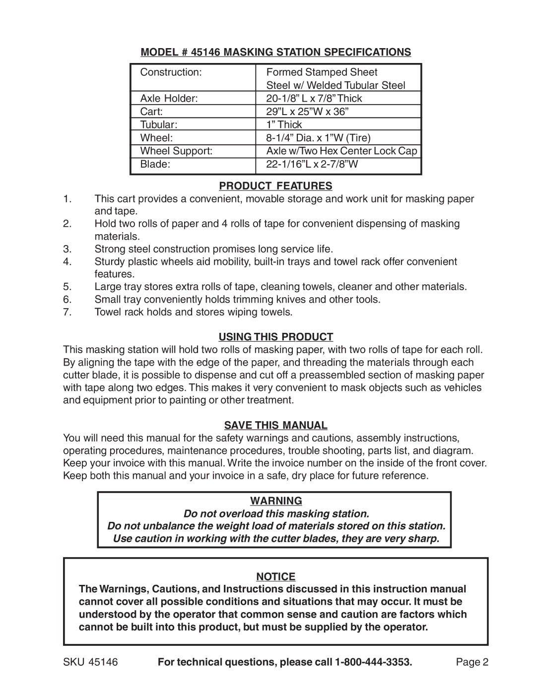 Harbor Freight Tools manual Model # 45146 Masking Station Specifications, Product Features, Using this Product 