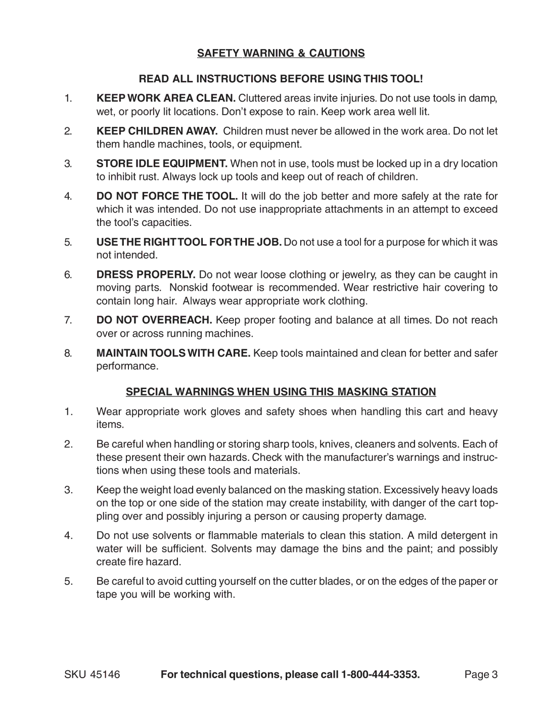 Harbor Freight Tools 45146 manual Special Warnings When Using this Masking Station 