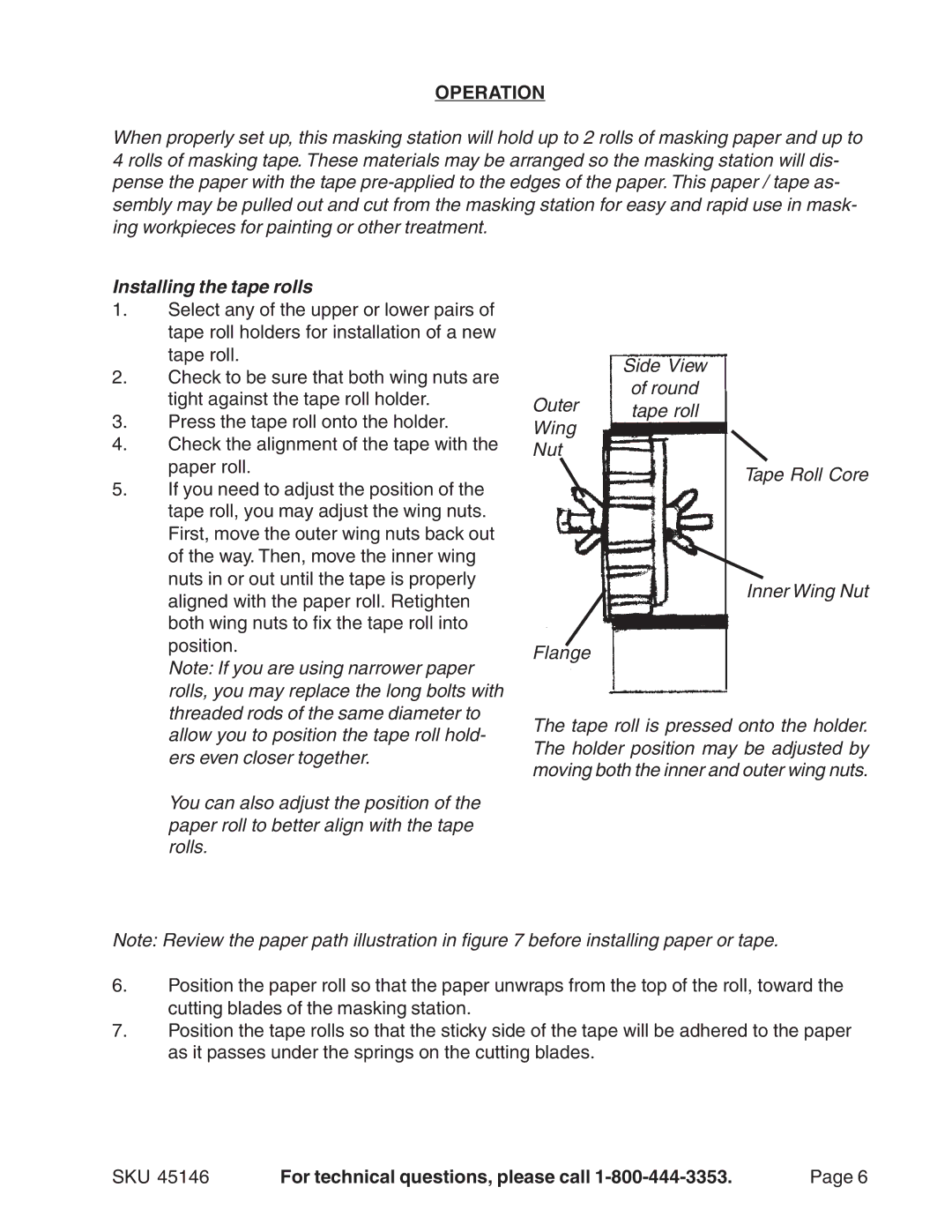 Harbor Freight Tools 45146 manual Operation, Installing the tape rolls 