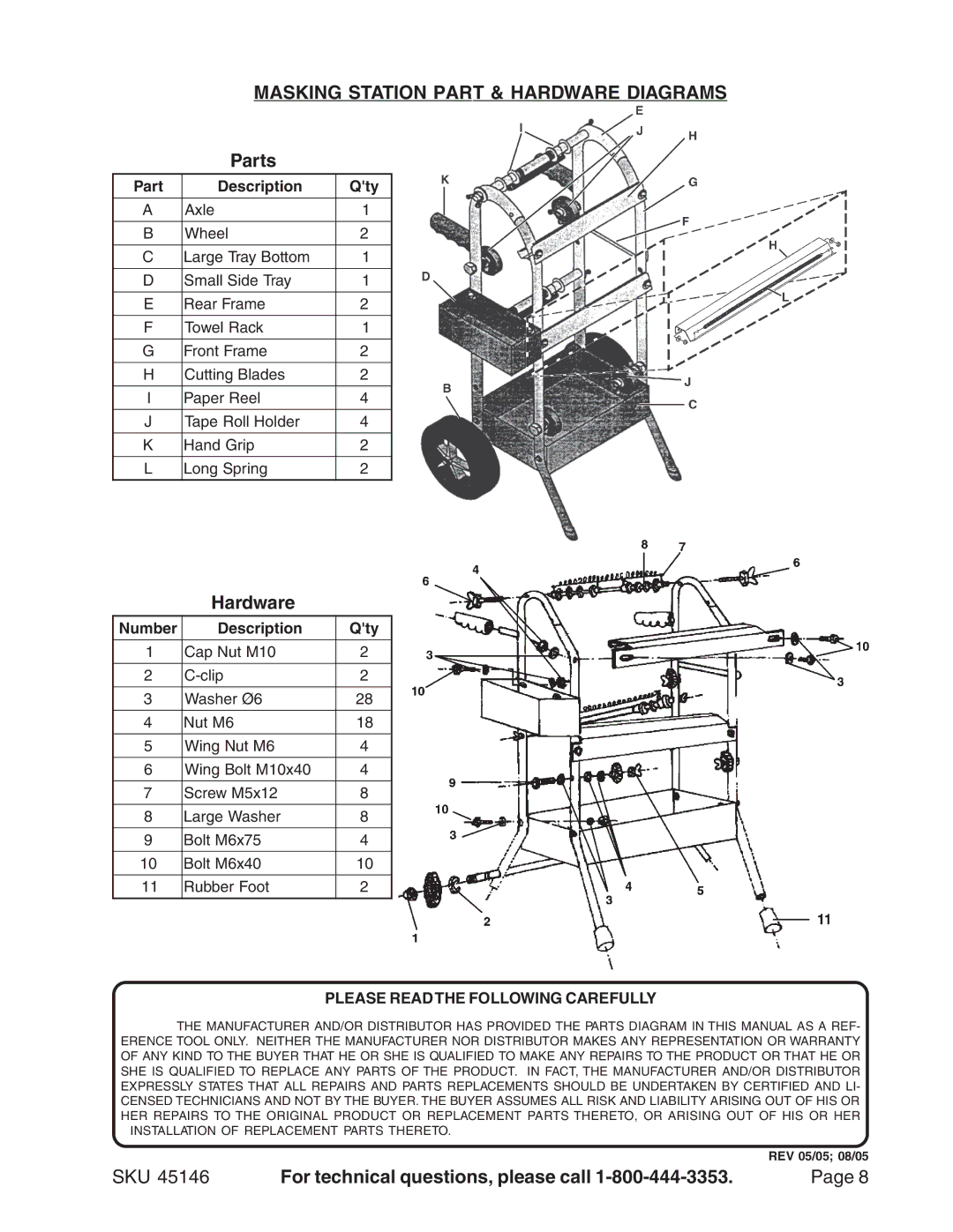 Harbor Freight Tools 45146 manual Masking Station Part & Hardware Diagrams, Parts 