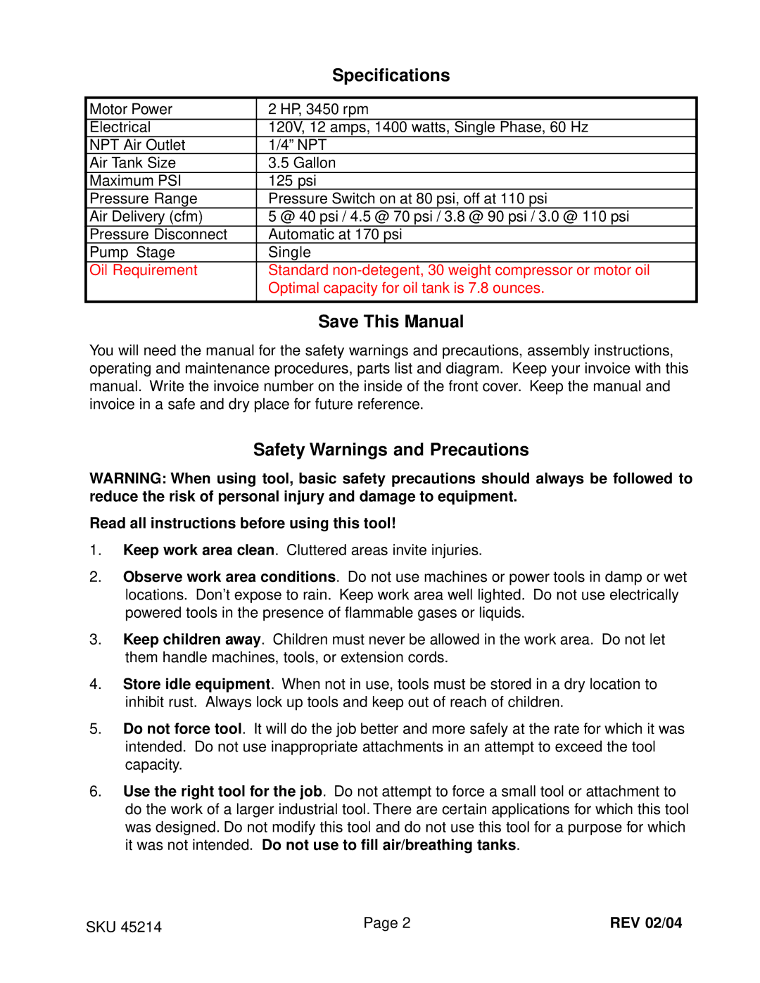 Harbor Freight Tools 45214 operating instructions Specifications, Save This Manual, Safety Warnings and Precautions 