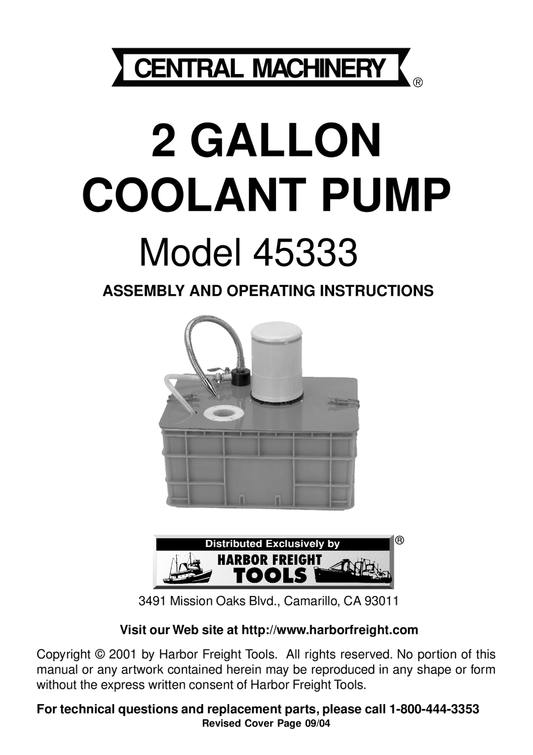 Harbor Freight Tools 45333 operating instructions Gallon Coolant Pump 