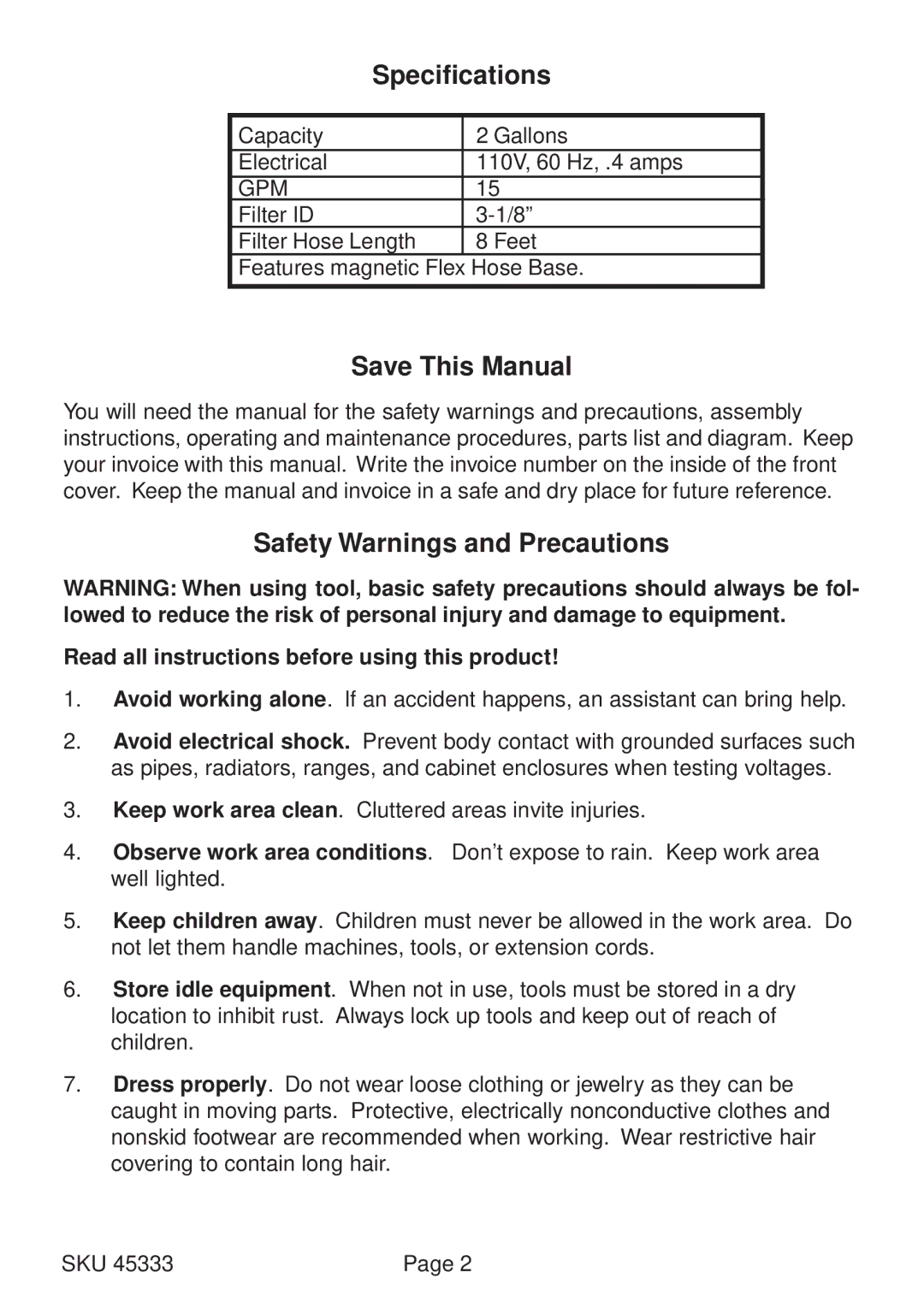 Harbor Freight Tools 45333 operating instructions Specifications, Save This Manual, Safety Warnings and Precautions 