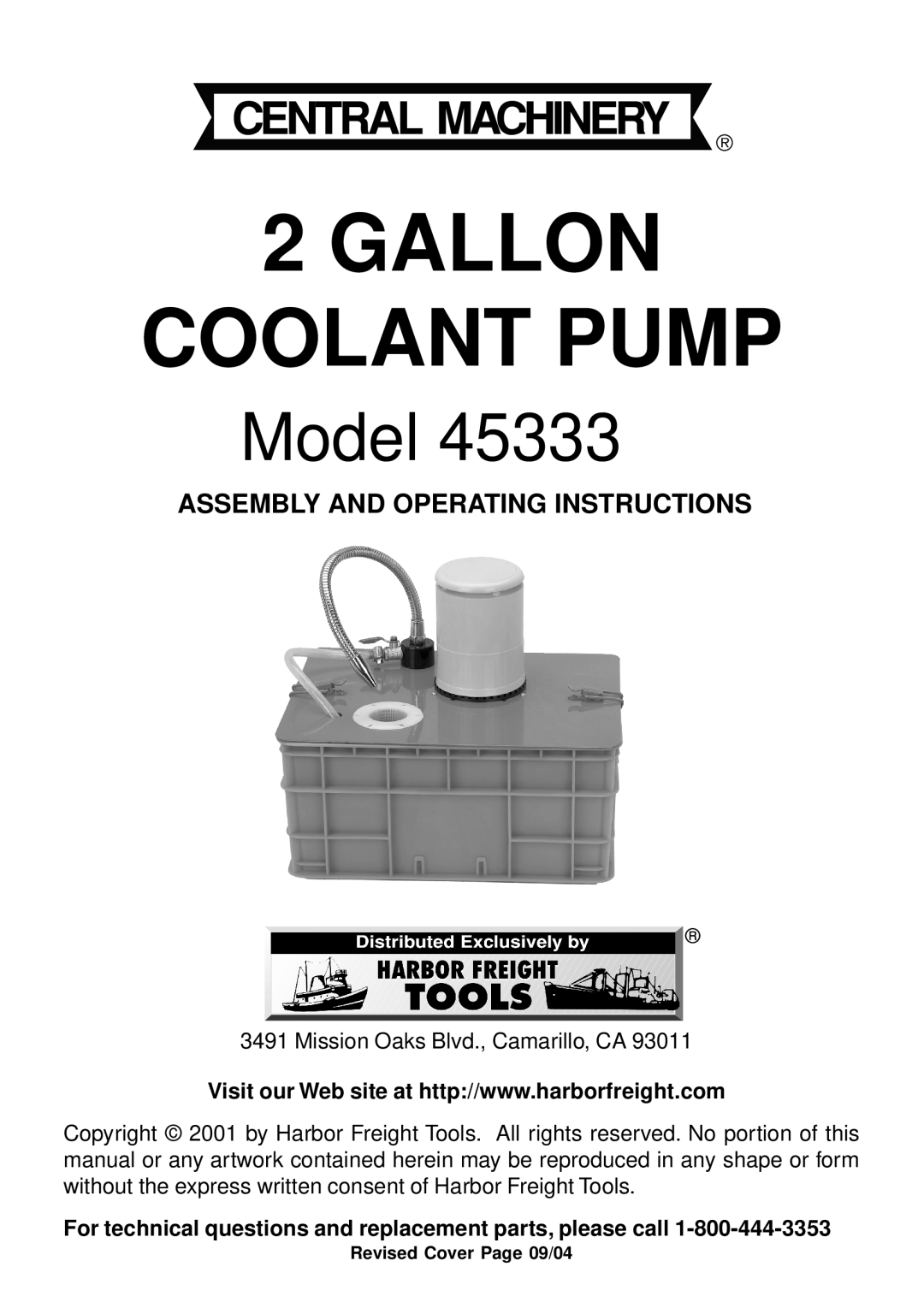 Harbor Freight Tools 45333 operating instructions Assembly And Operating Instructions, Gallon Coolant Pump, Model 
