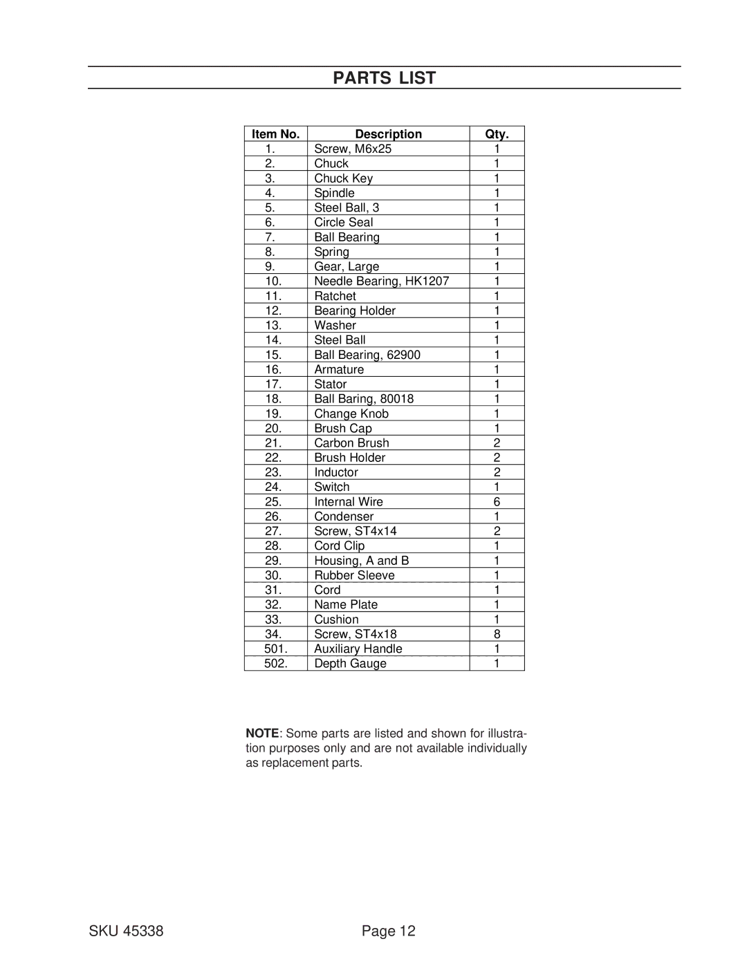 Harbor Freight Tools 45338 operating instructions Parts List, Item No Description Qty 