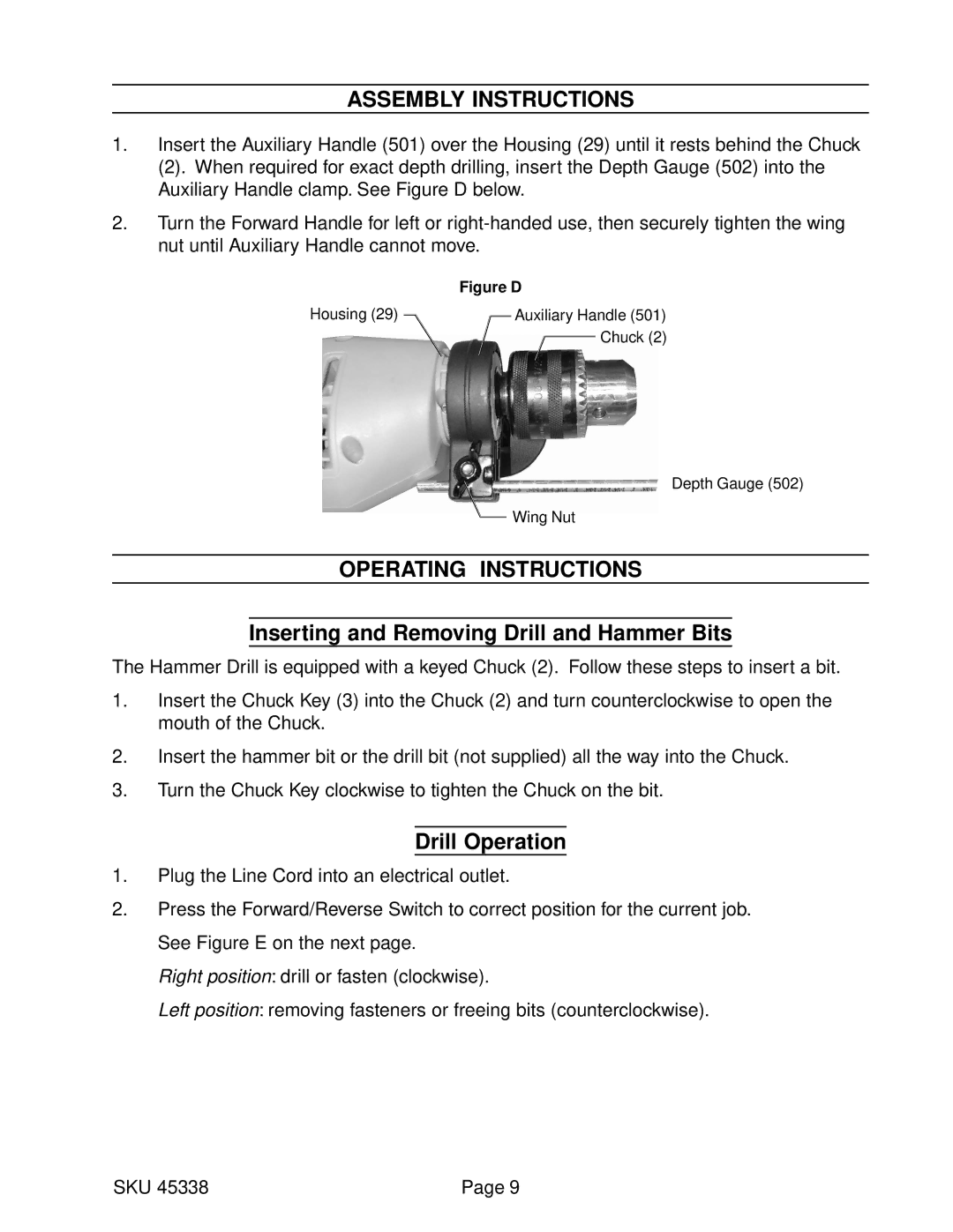 Harbor Freight Tools 45338 Assembly Instructions, Operating Instructions, Inserting and Removing Drill and Hammer Bits 