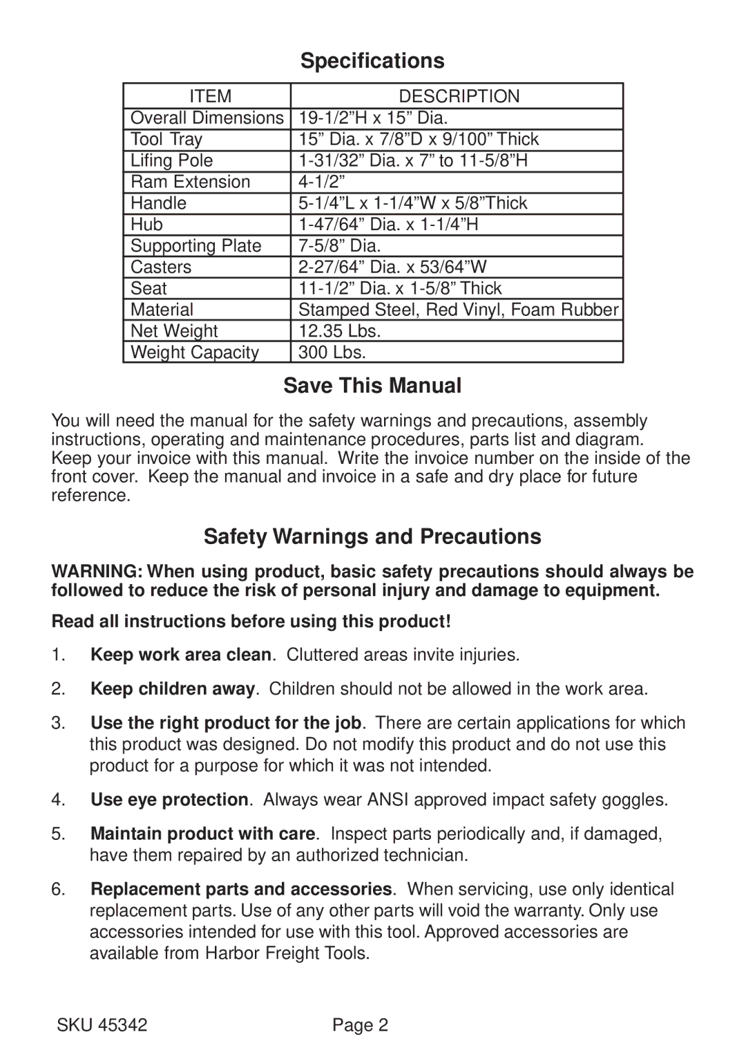 Harbor Freight Tools 45342 operating instructions Specifications, Save This Manual, Safety Warnings and Precautions 