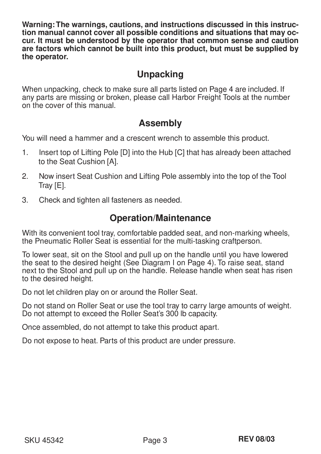 Harbor Freight Tools 45342 operating instructions Unpacking, Assembly, Operation/Maintenance 