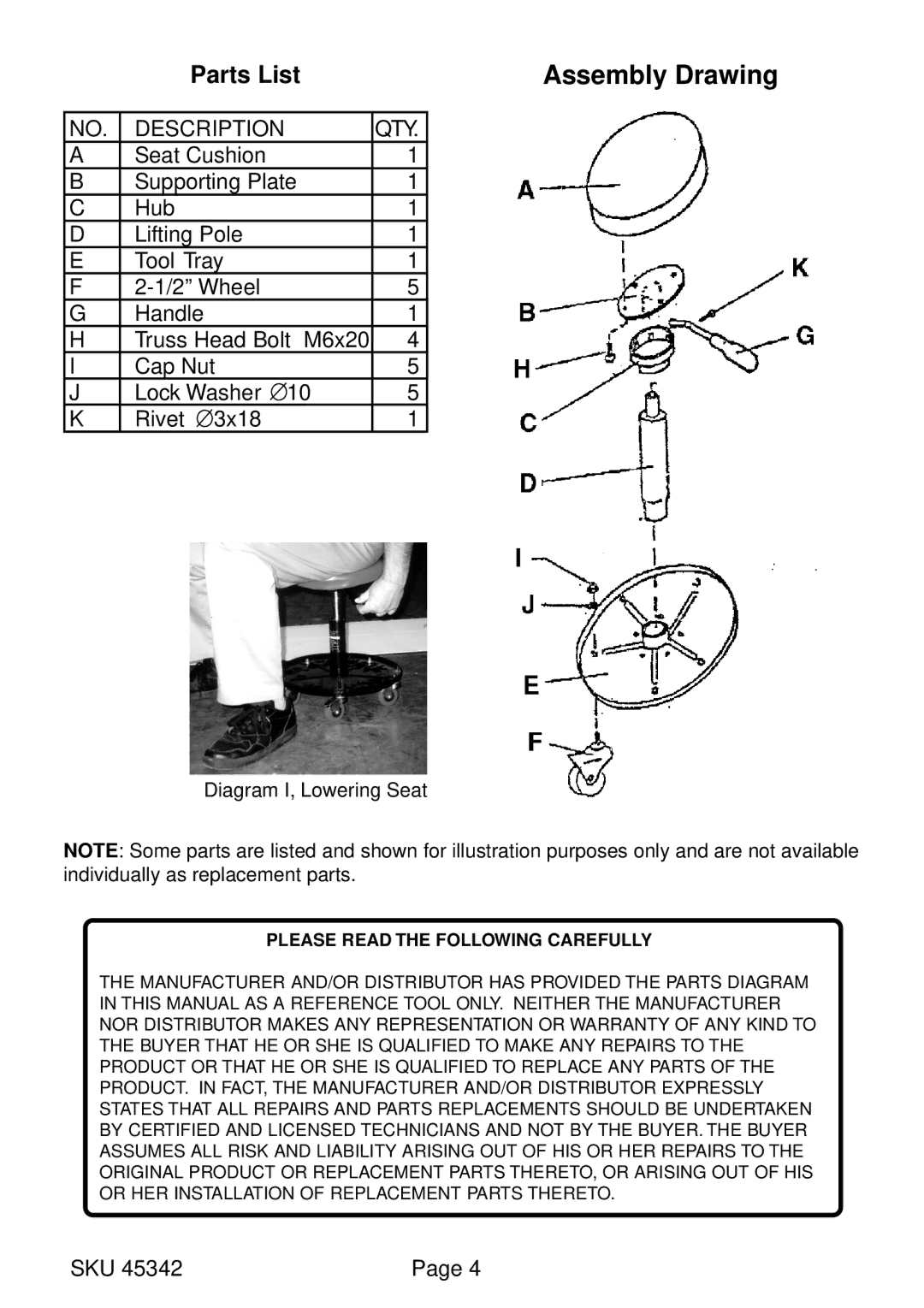 Harbor Freight Tools 45342 operating instructions Assembly Drawing, Diagram I, Lowering Seat 