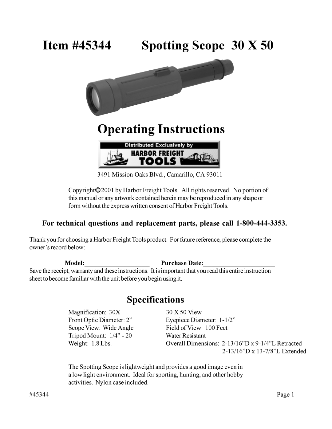 Harbor Freight Tools specifications Item #45344 Spotting Scope 30 X Operating Instructions, Specifications 