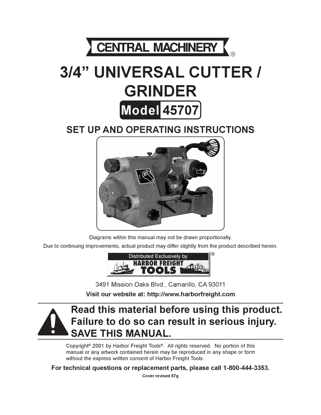 Harbor Freight Tools 45707 operating instructions Universal Cutter Grinder 