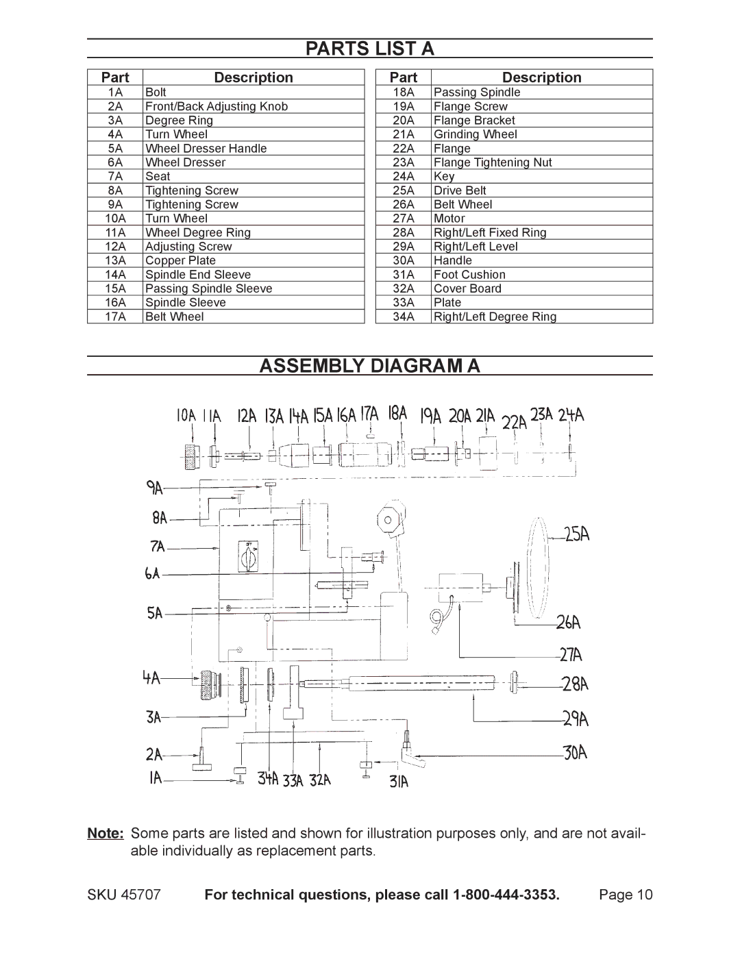 Harbor Freight Tools 45707 operating instructions Parts List a, Assembly Diagram a, Part Description 