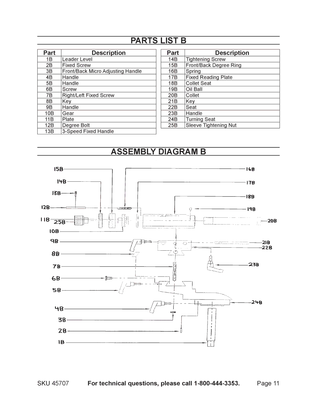 Harbor Freight Tools 45707 Parts List B, Assembly Diagram B, SKU For technical questions, please call 