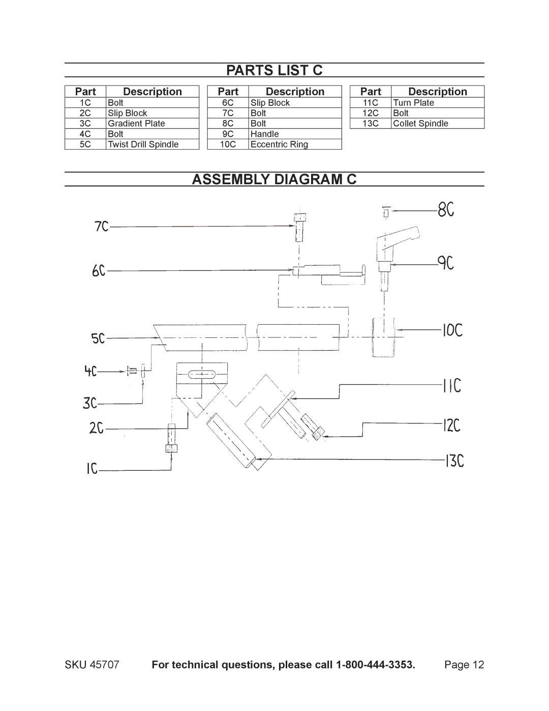 Harbor Freight Tools 45707 operating instructions Parts List C, Assembly Diagram C 