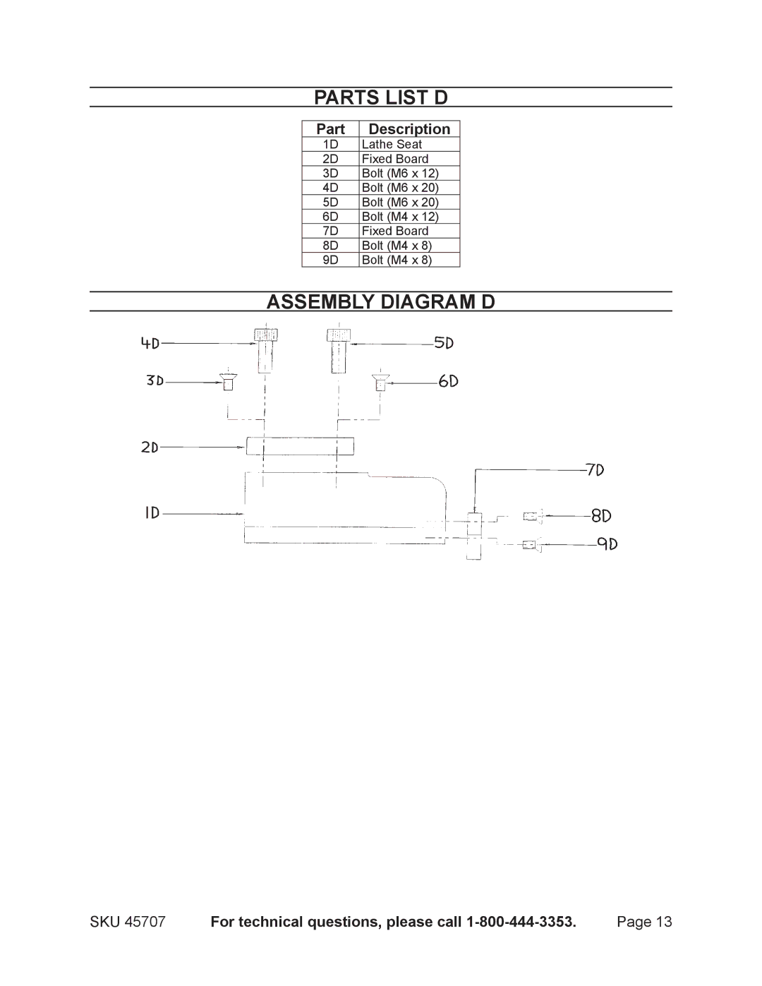 Harbor Freight Tools 45707 operating instructions Parts List D, Assembly Diagram D 