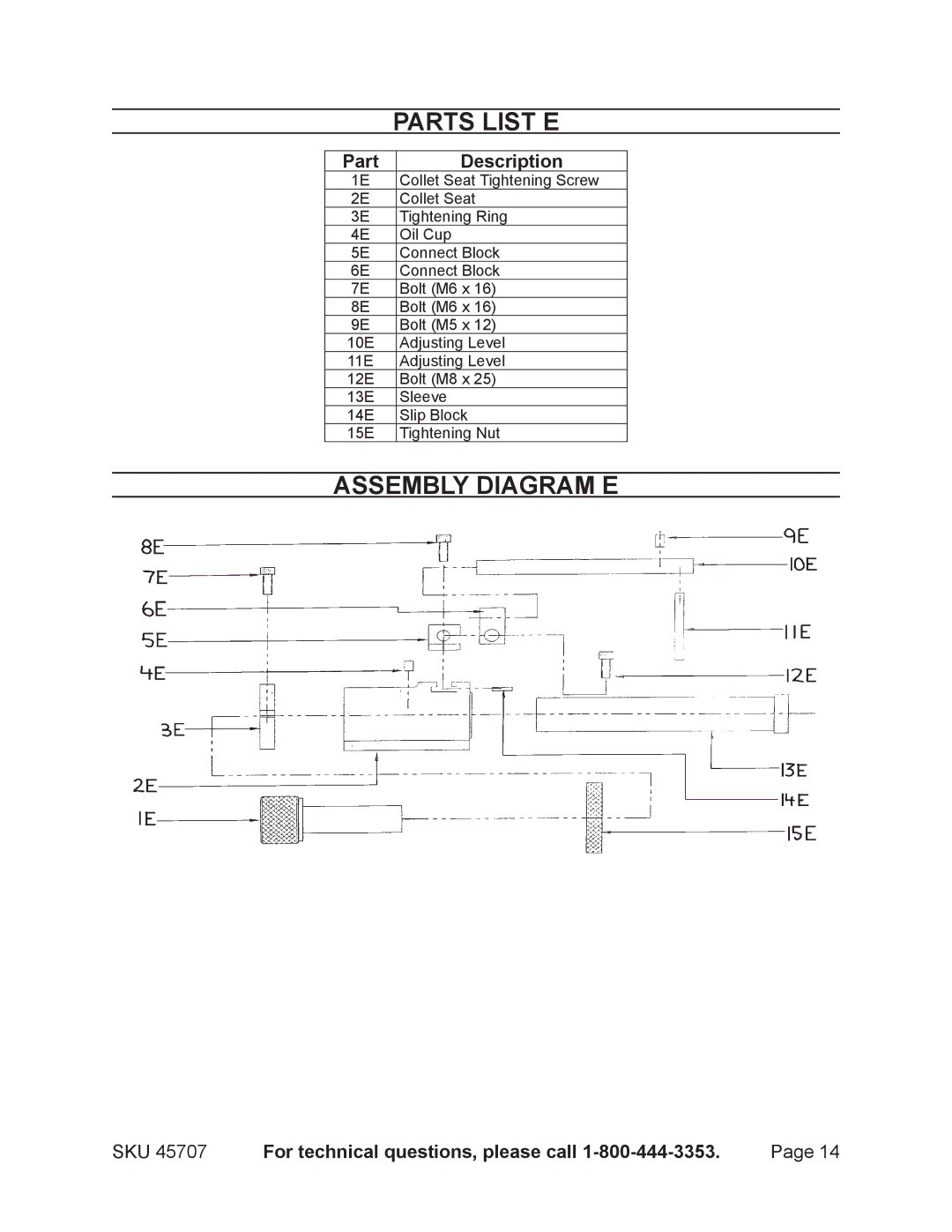 Harbor Freight Tools 45707 operating instructions Parts List E, Assembly Diagram E 