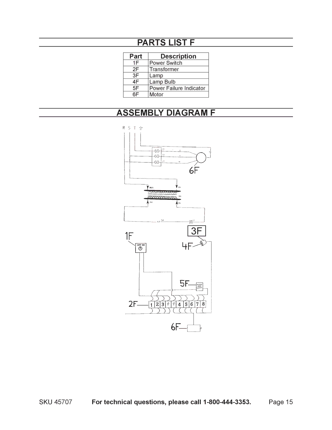 Harbor Freight Tools 45707 operating instructions Parts List F, Assembly Diagram F 