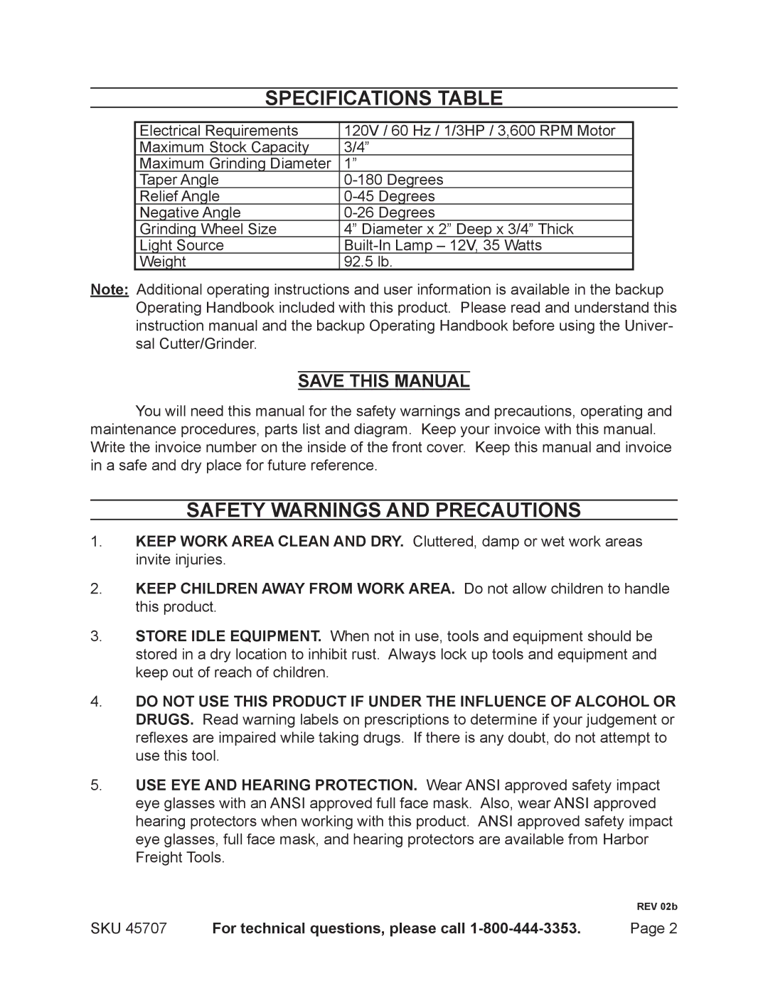 Harbor Freight Tools 45707 operating instructions Specifications Table, Safety Warnings and Precautions, Save this Manual 