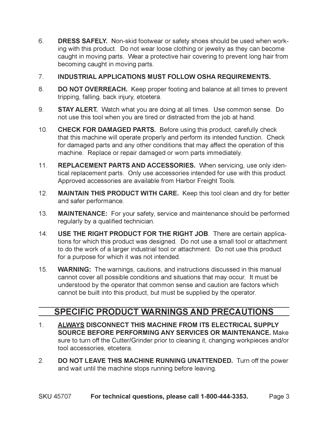 Harbor Freight Tools 45707 operating instructions Specific Product Warnings and Precautions 