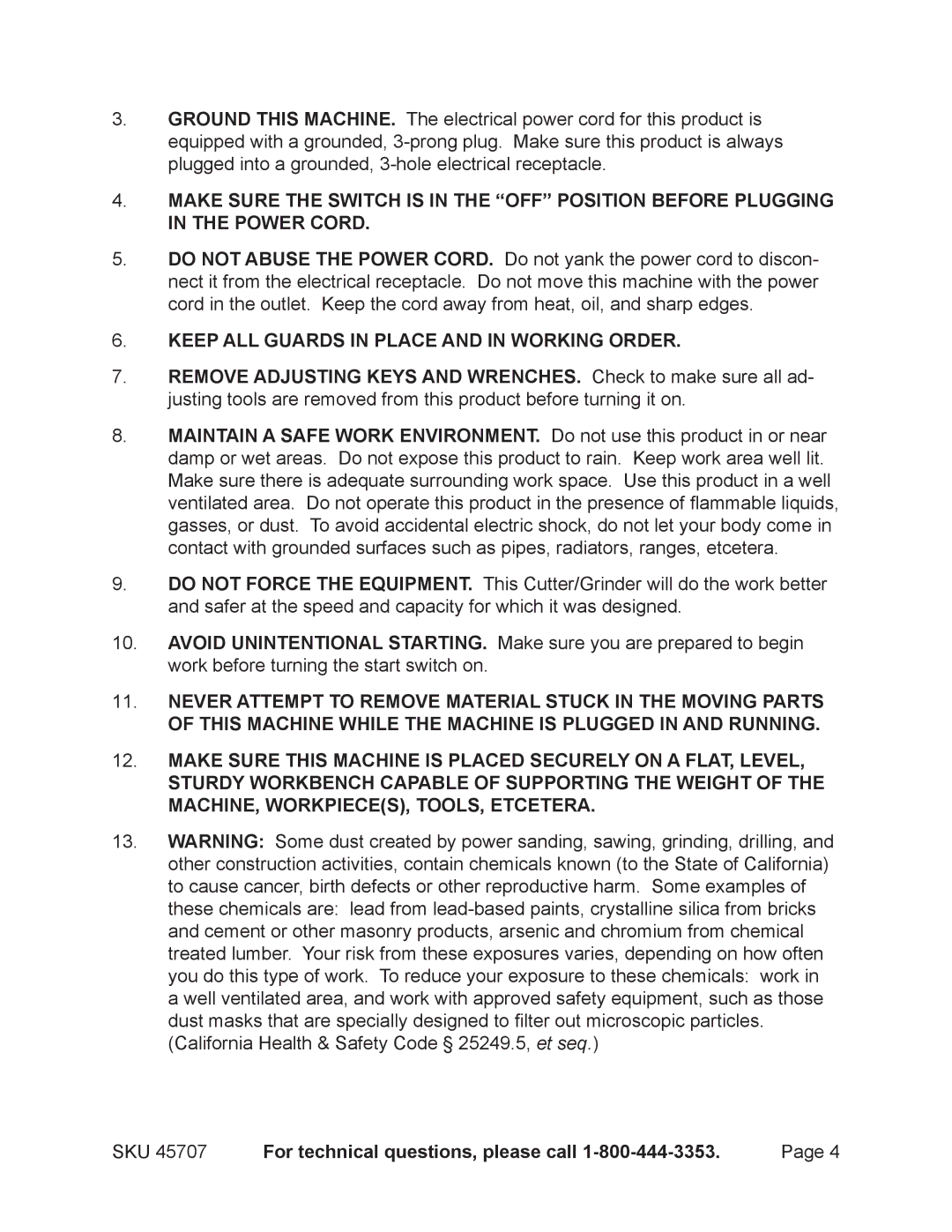 Harbor Freight Tools 45707 operating instructions Keep ALL Guards in Place and in Working Order 