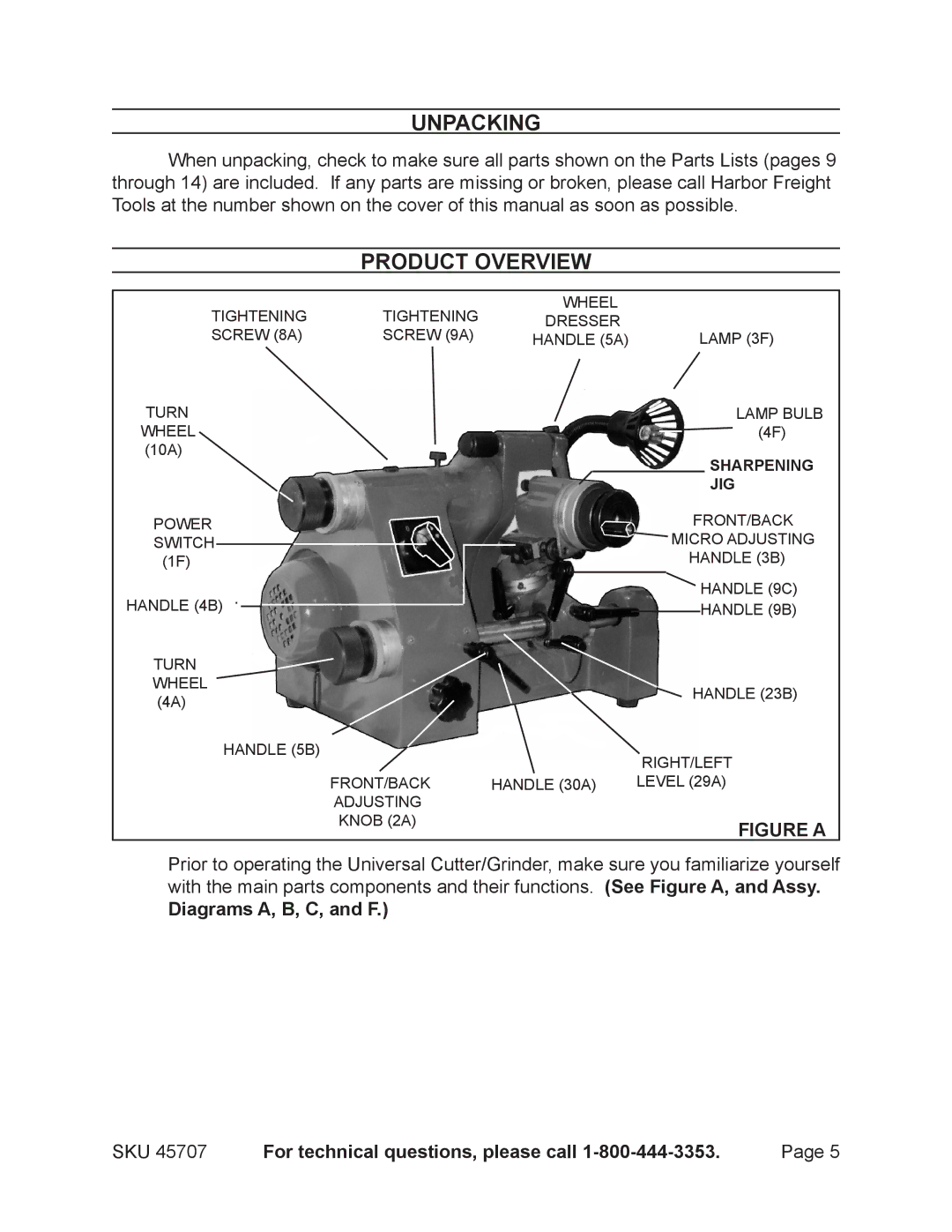 Harbor Freight Tools 45707 operating instructions Unpacking, Product Overview, Diagrams A, B, C, and F 