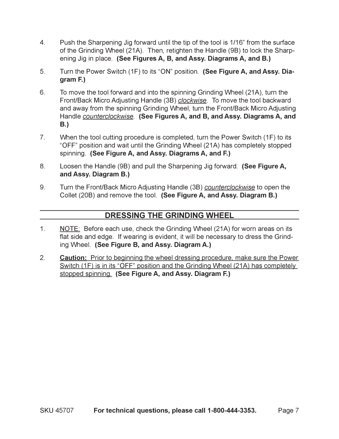 Harbor Freight Tools 45707 operating instructions Dressing the Grinding Wheel 